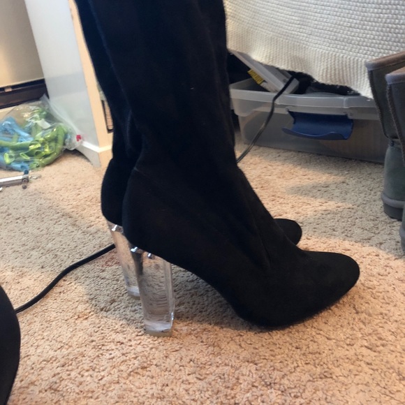 thigh high boots with clear heel